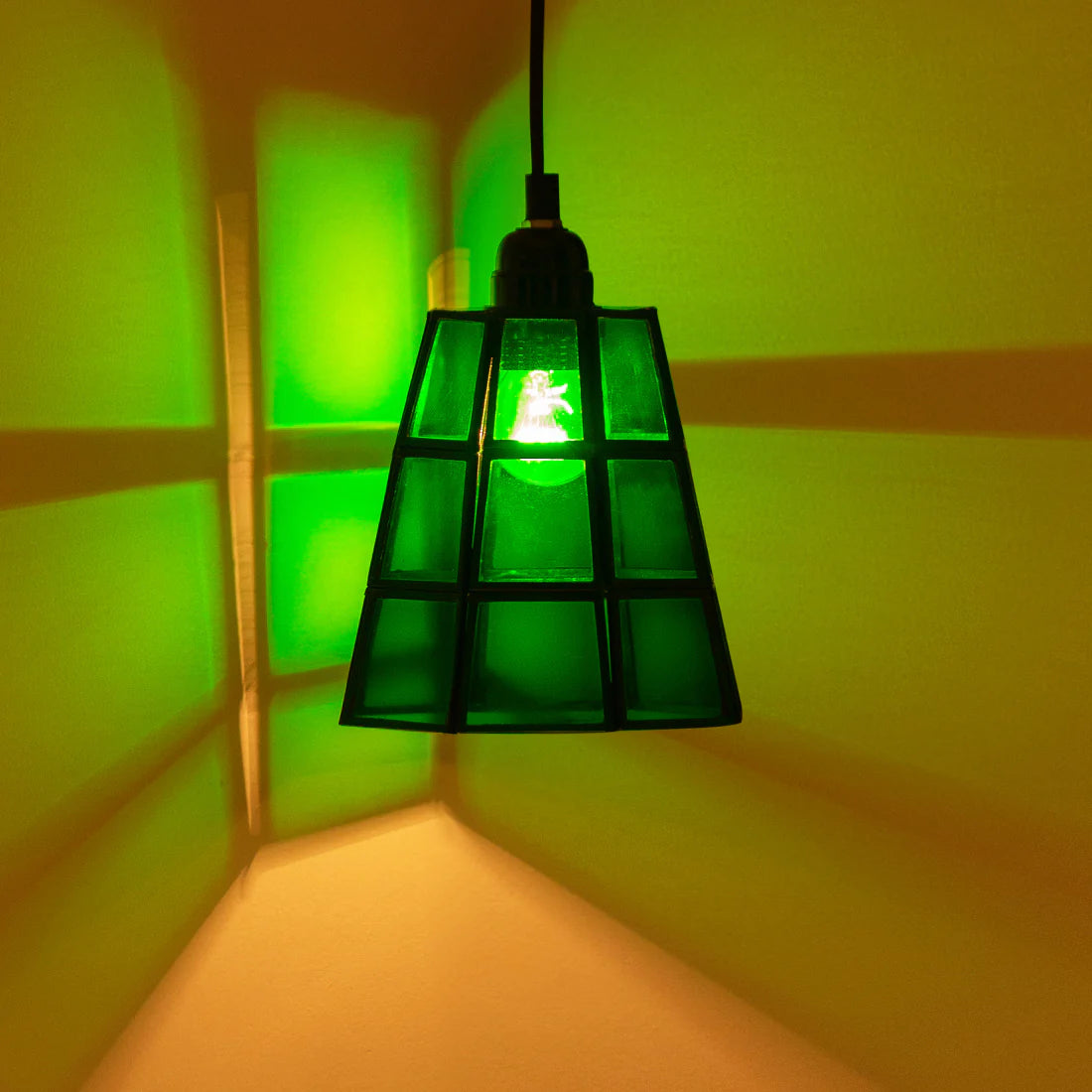 'Glass Miracles' Handcrafted Conical Hanging Pendant Lamp in Glass & Iron (20.3 cm)