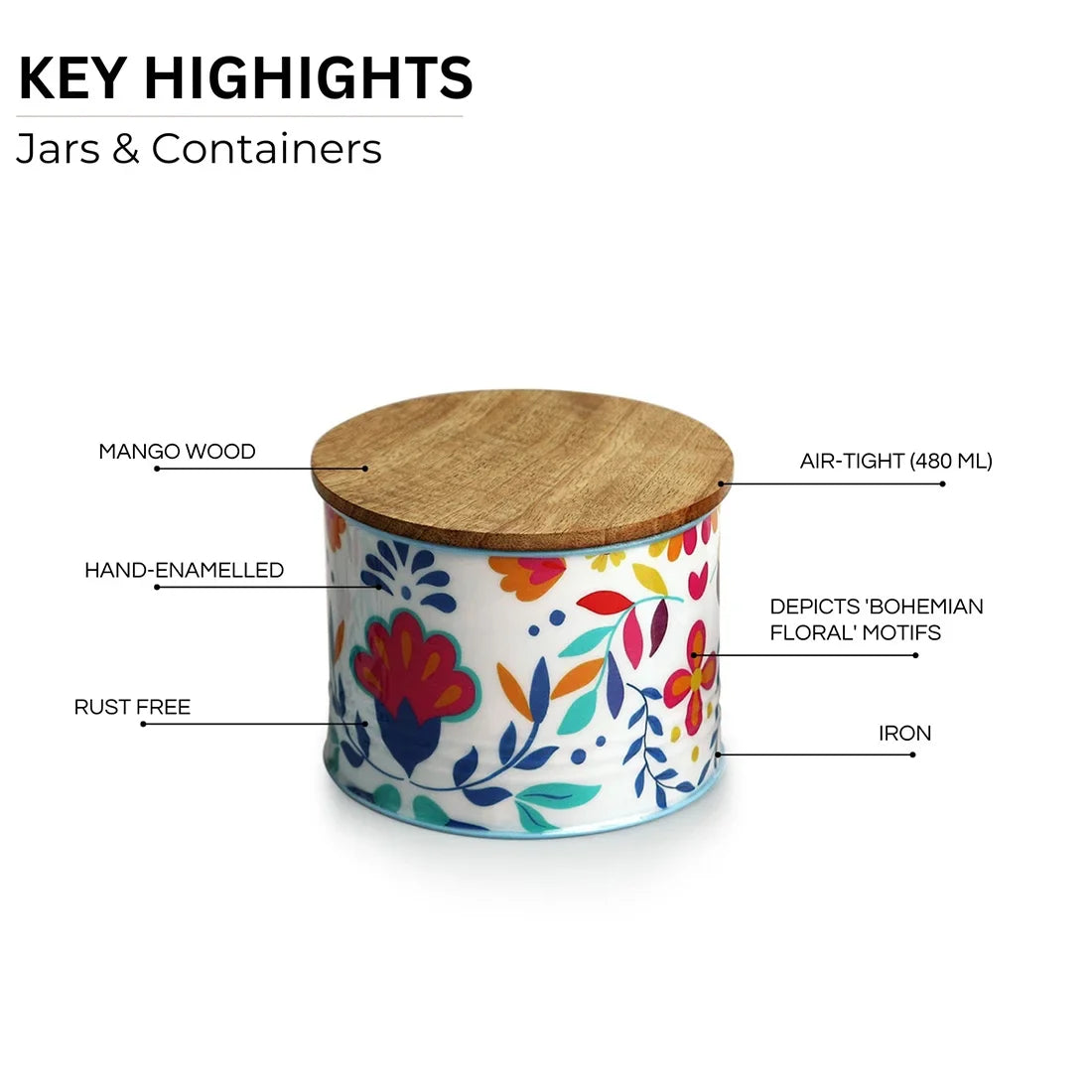 'Boho Floral' Hand-Enamelled Multi Utility Jars & Containers In Iron With Tray (Set of 3, Air-Tight, 480 ML)
