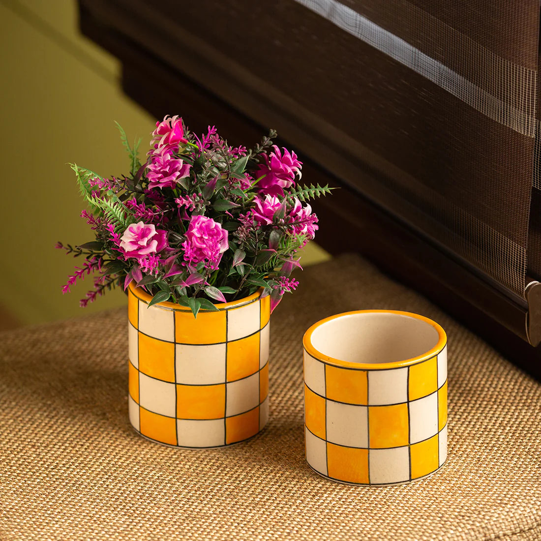 'Shatranj Checkered' Handpainted Planter Pots In Ceramic (Set of 2)